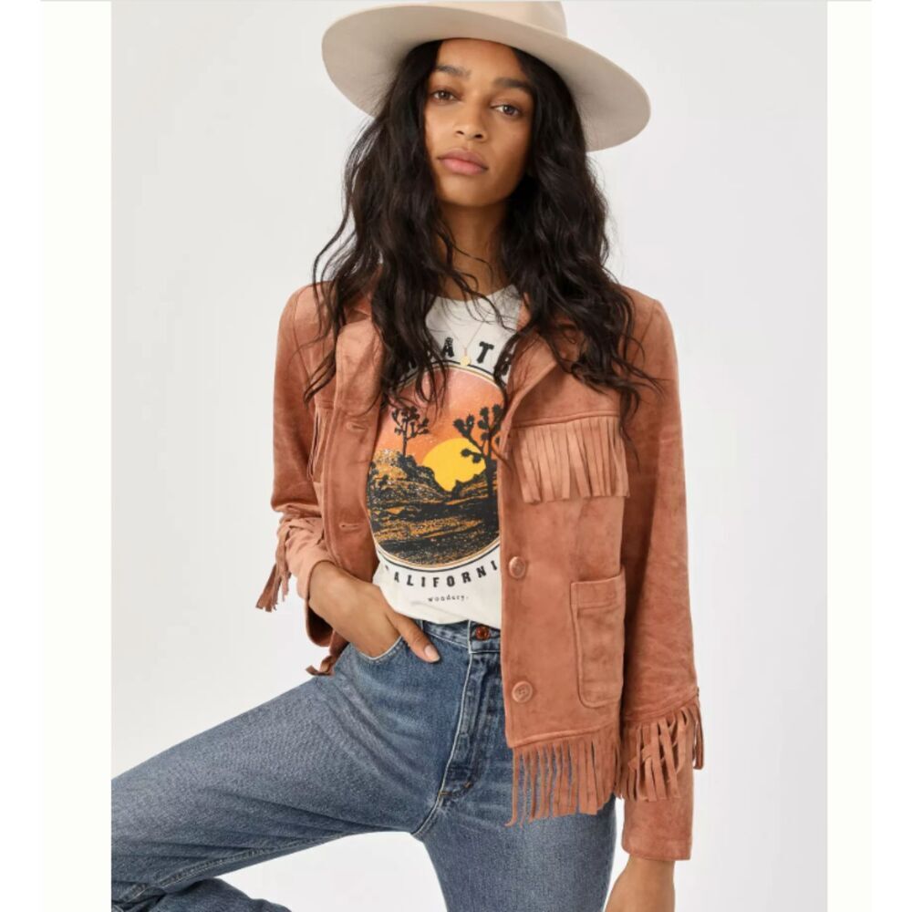 BB Dakota Terracotta Tan Thais Fringed Faux Suede Jacket Size Medium NWT